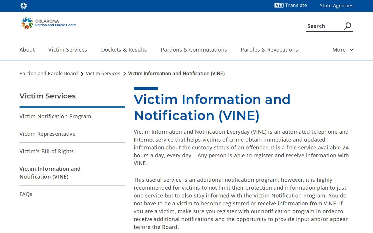 Oklahoma parole notification limits for a Harper County VINE check